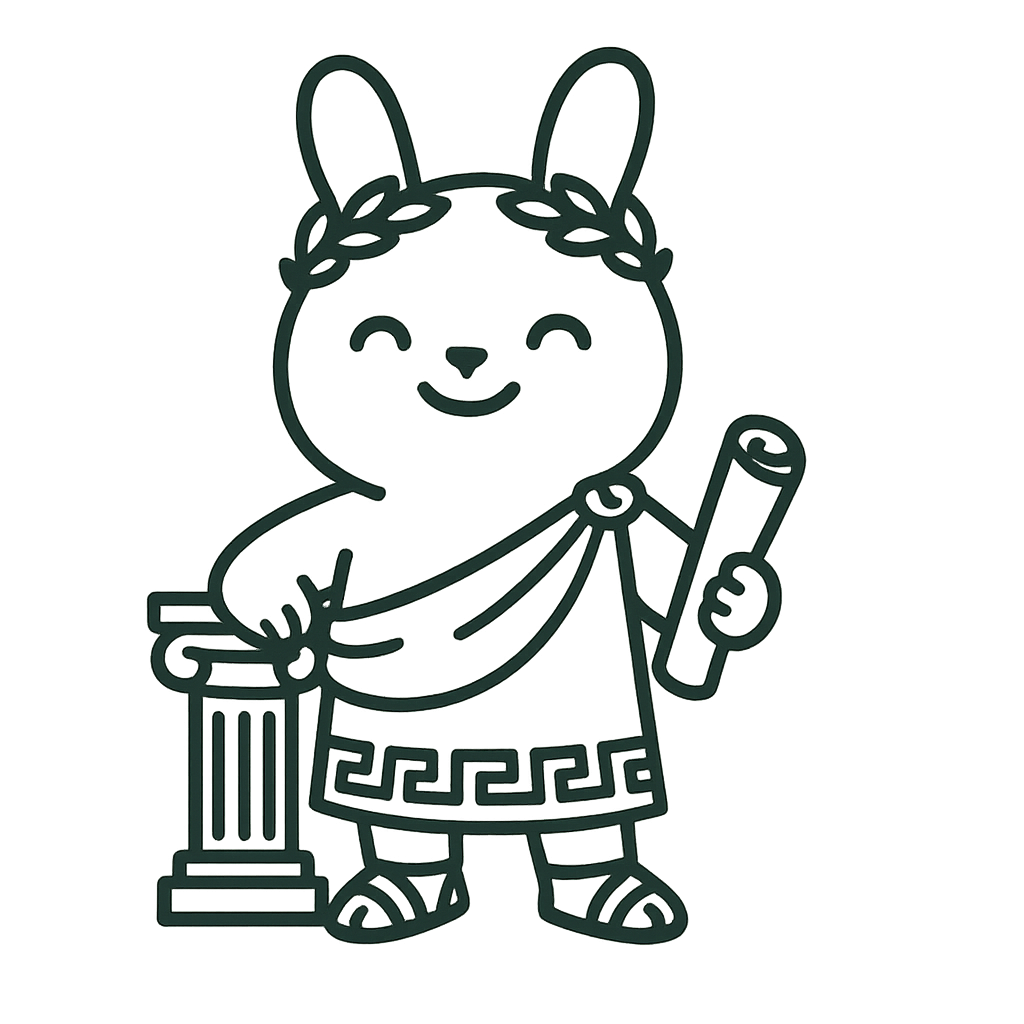 Adorable bunny philosopher in Greek toga representing Socratic wisdom for mental clarity