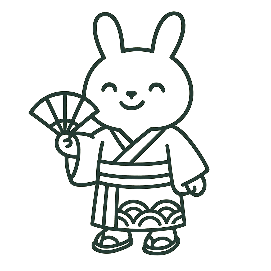 Adorable bunny in traditional Japanese kimono representing Okinawan wisdom and cultural traditions